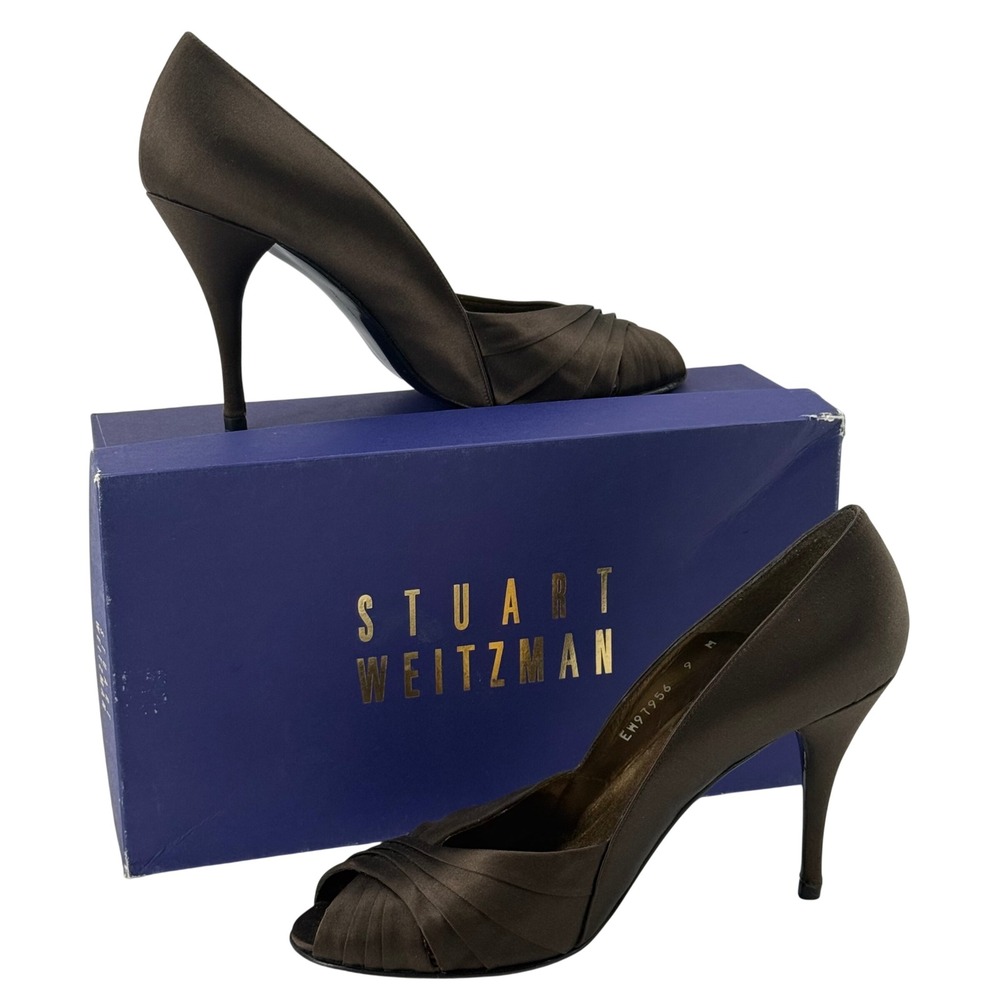 Stuart Weitzman Womens 9 Extra Peep Toe Pump Chocolate Brown Satin Pleated Heel